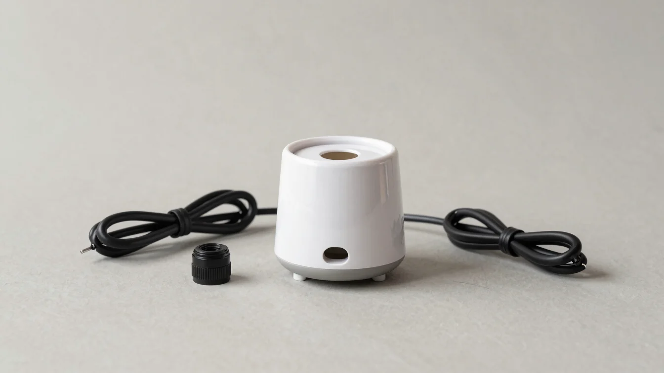 Clean studio product photograph of a compact wax melter with its