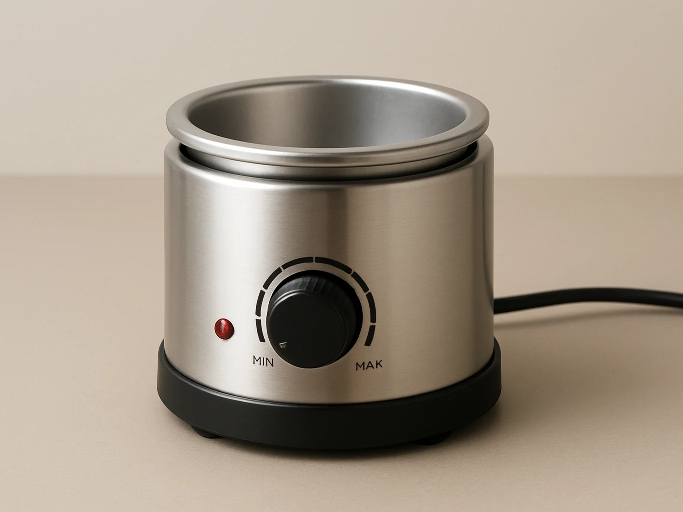 Clean product photography of a wax melter on a neutral matte work surface, even studio lighting, controlled reflections