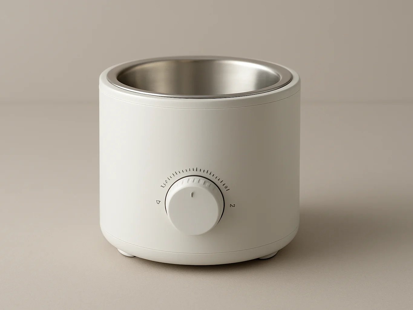 Clean studio product photograph of a wax melter on a matte neutral surface, even soft lighting, controlled reflections o