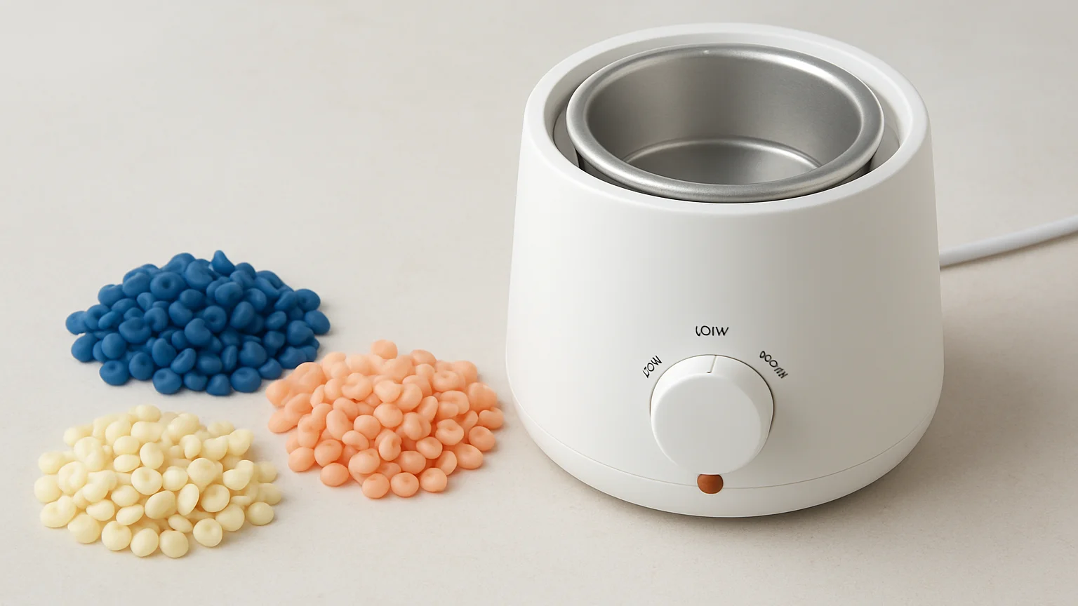 Clean studio product photograph of a wax melter beside neatly arr